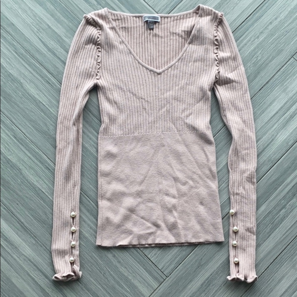 Blush pink sweater with pearl beads on sleeves
